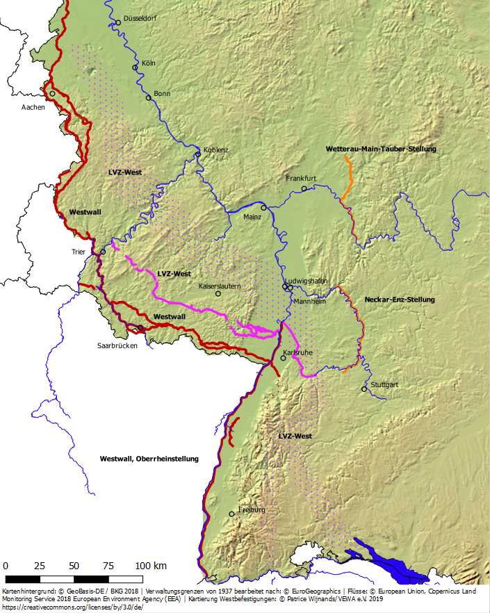 Map of the Westwall / Siegfried Line along Germany's western border